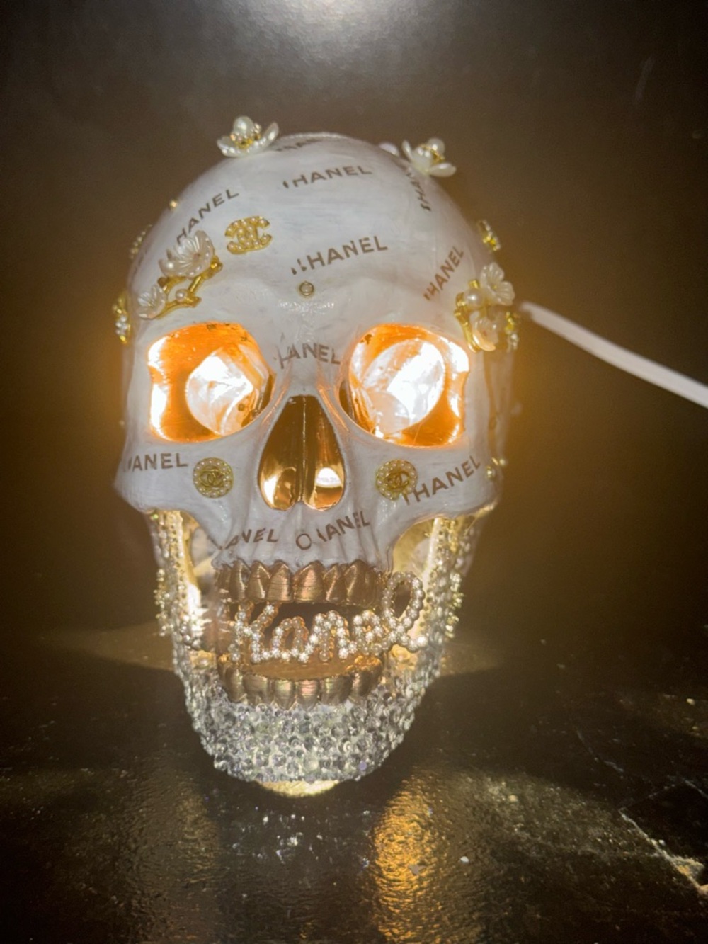 Decorative Skull Lamp with White and Gold Accents - Designer Style